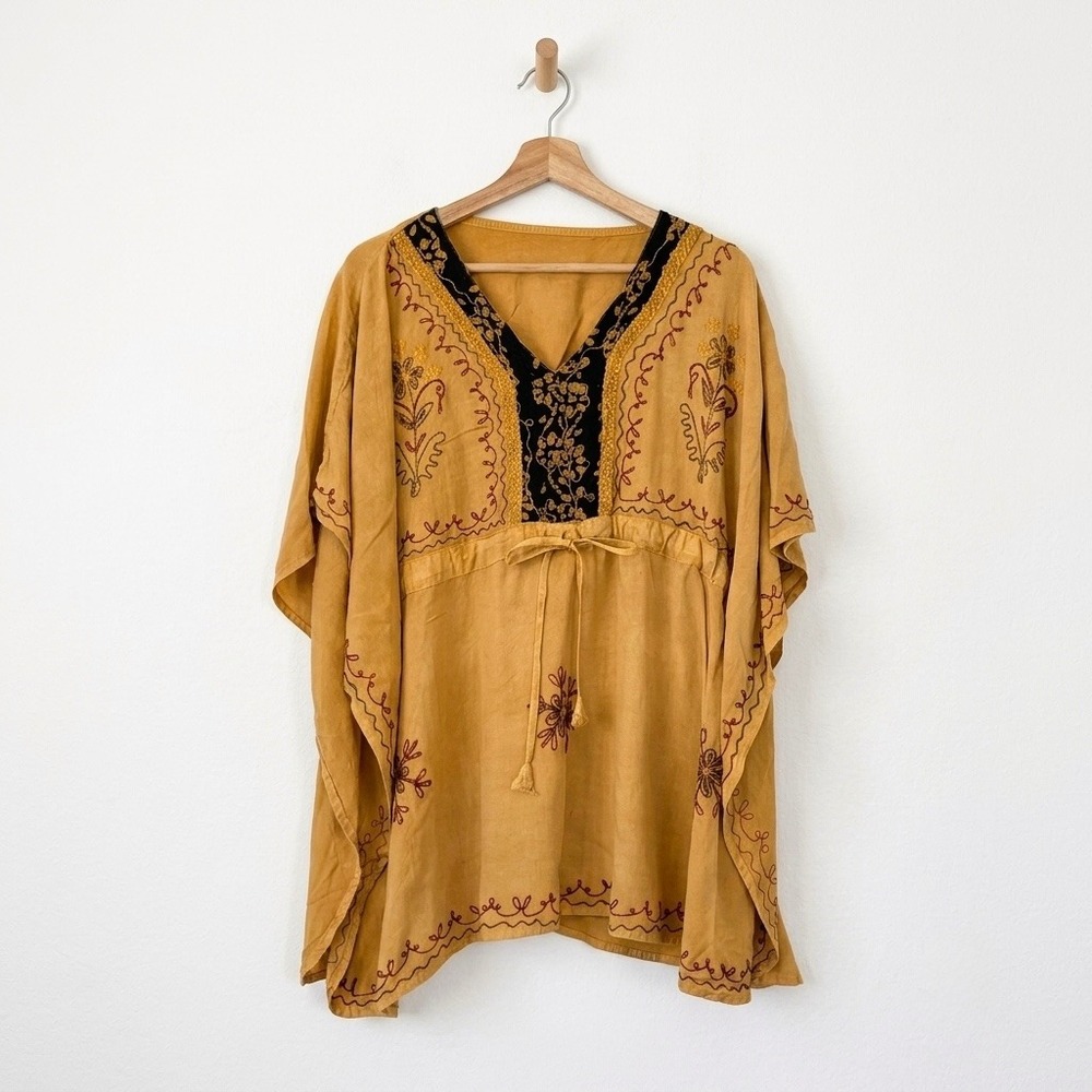Mustard Yellow Boho Tunic Hippie Chic Embroidered Kaftan Festival Top Flowy O/S